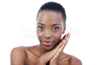 Buy stock photo Woman, portrait and skincare for wellness beauty in studio for healthy cosmetics for dermatology, natural or white background. Black person, model and Kenya for glowing makeup, treatment or mockup