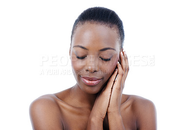 Buy stock photo Woman, skincare and natural beauty in studio for cosmetics or dermatology facial, relax or white background. Black person, model and eyes closed in Kenya for glow makeup, treatment or mockup space