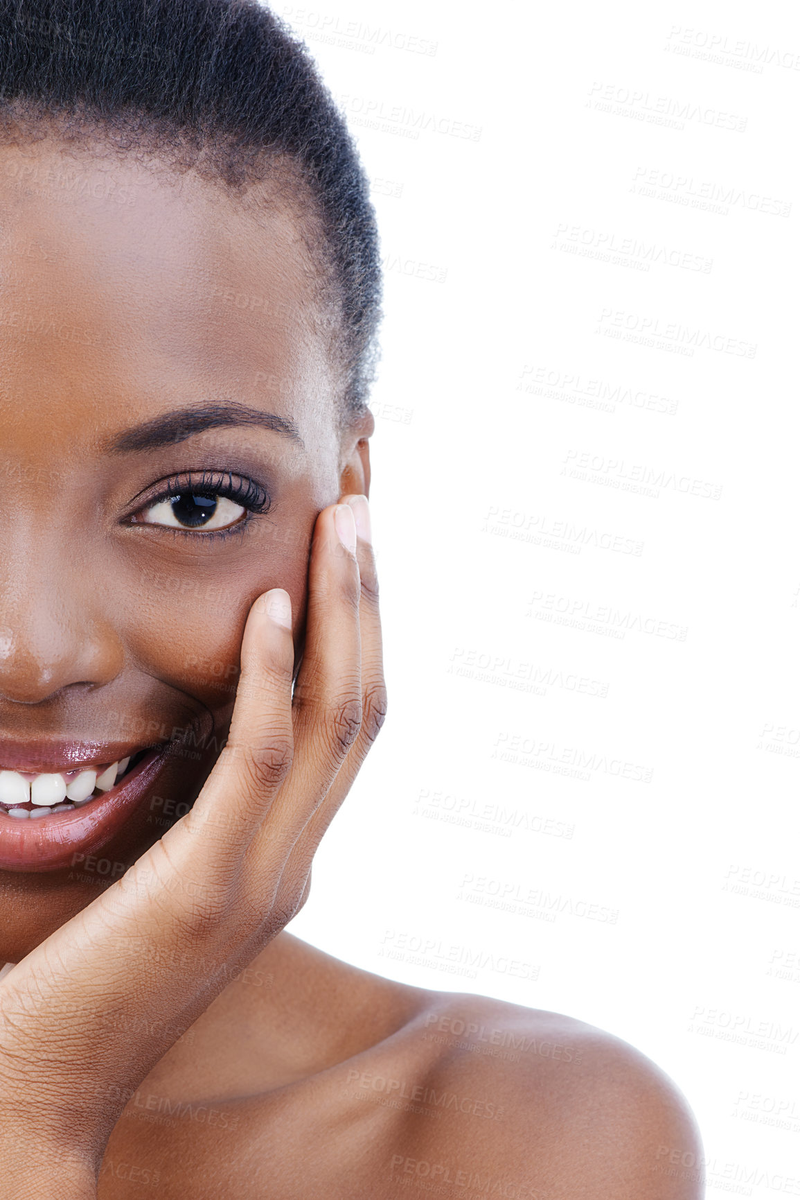 Buy stock photo Black woman, face and smile for natural beauty, dermatology and skincare with glow and wellness on white background. Cropped portrait, skin and cosmetic care, happy with shine and facial in a studio