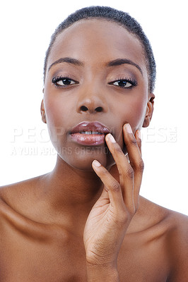 Buy stock photo Woman, portrait and skincare confidence in studio or natural beauty, cosmetics or self care. Black person, model and wellness face or dermatology treatment on white background, Kenya or mockup space