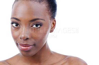 Buy stock photo Portrait, beauty and wellness with natural black woman in studio isolated on white background for skincare. face, aesthetic and spa and confident young model with cosmetic treatment for dermatology