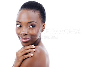 Buy stock photo Skincare, mockup and face of black woman with smile natural makeup and healthy glow in studio. Cosmetics, dermatology and happy beauty model on white background space for skin care, shine or wellness