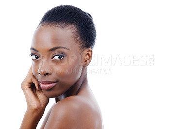 Buy stock photo Mockup, skincare and portrait of black woman in studio with beauty, natural makeup or facial glow. Cosmetics, dermatology or face of girl on white background space for healthy skin, shine or wellness