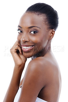 Buy stock photo Skincare, beauty and portrait of black woman in studio with smile, natural makeup or facial glow. Cosmetics, dermatology and face of happy girl on white background for healthy skin, shine or wellness