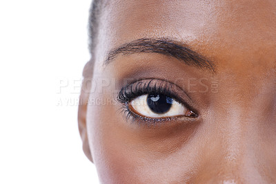 Buy stock photo Half, face and eye of black woman closeup for beauty or dermatology in white background mockup. Skincare, portrait and African model with natural glow from makeup, cosmetics or facial in studio