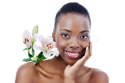 Buy stock photo Portrait, flower and black woman with beauty, glow and wellness isolated on white studio background. African person, face and model with natural cosmetics and grooming with shine, soft and aesthetic