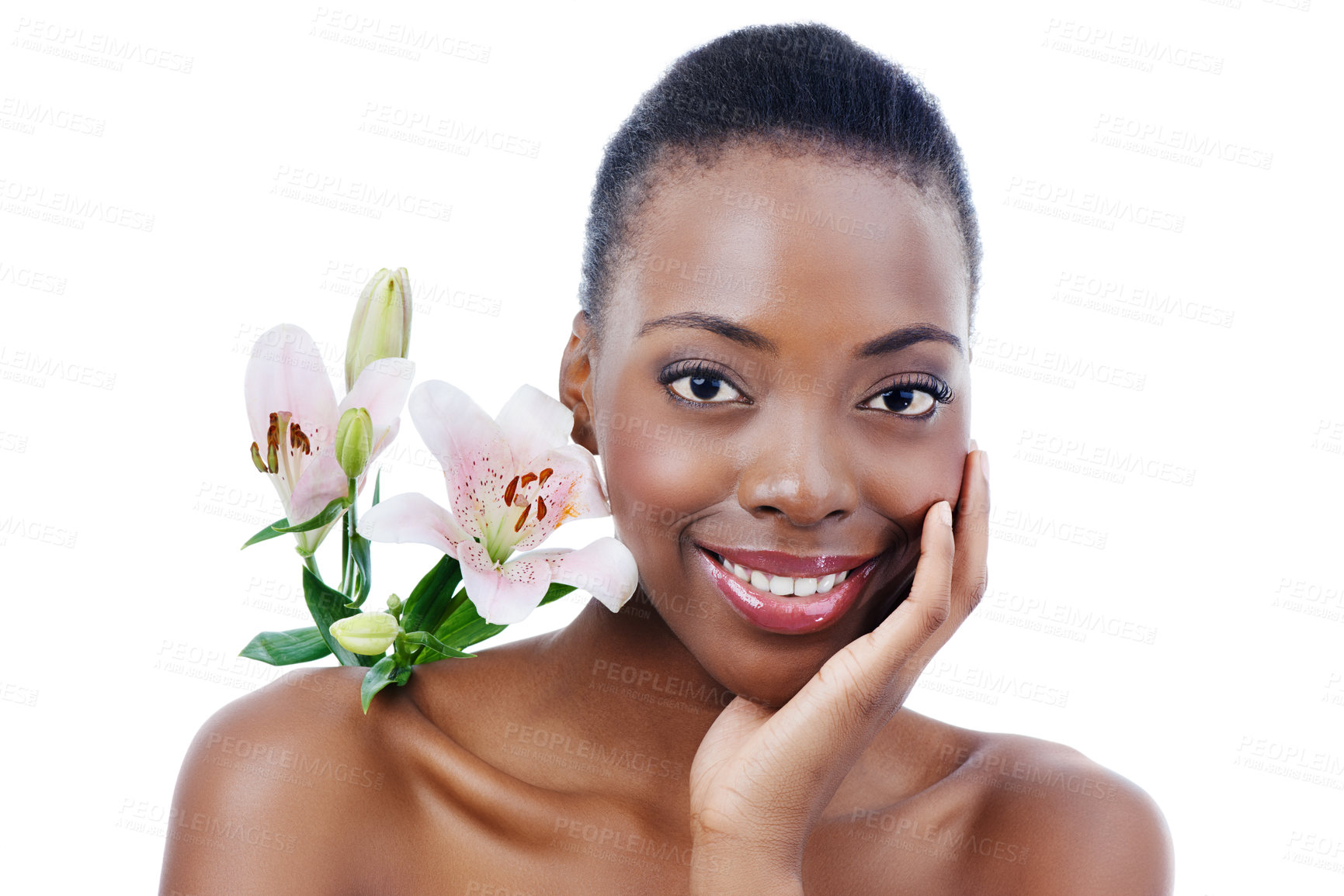 Buy stock photo Portrait, flower and black woman with beauty, glow and wellness isolated on white studio background. African person, face and model with natural cosmetics and grooming with shine, soft and aesthetic