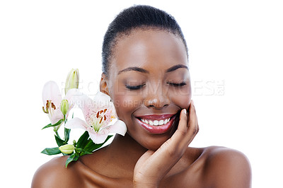 Buy stock photo Eyes closed, flower and black woman with beauty, plants or grooming isolated on white studio background. African person, girl or model with natural cosmetics or aesthetic with shine, skincare or glow