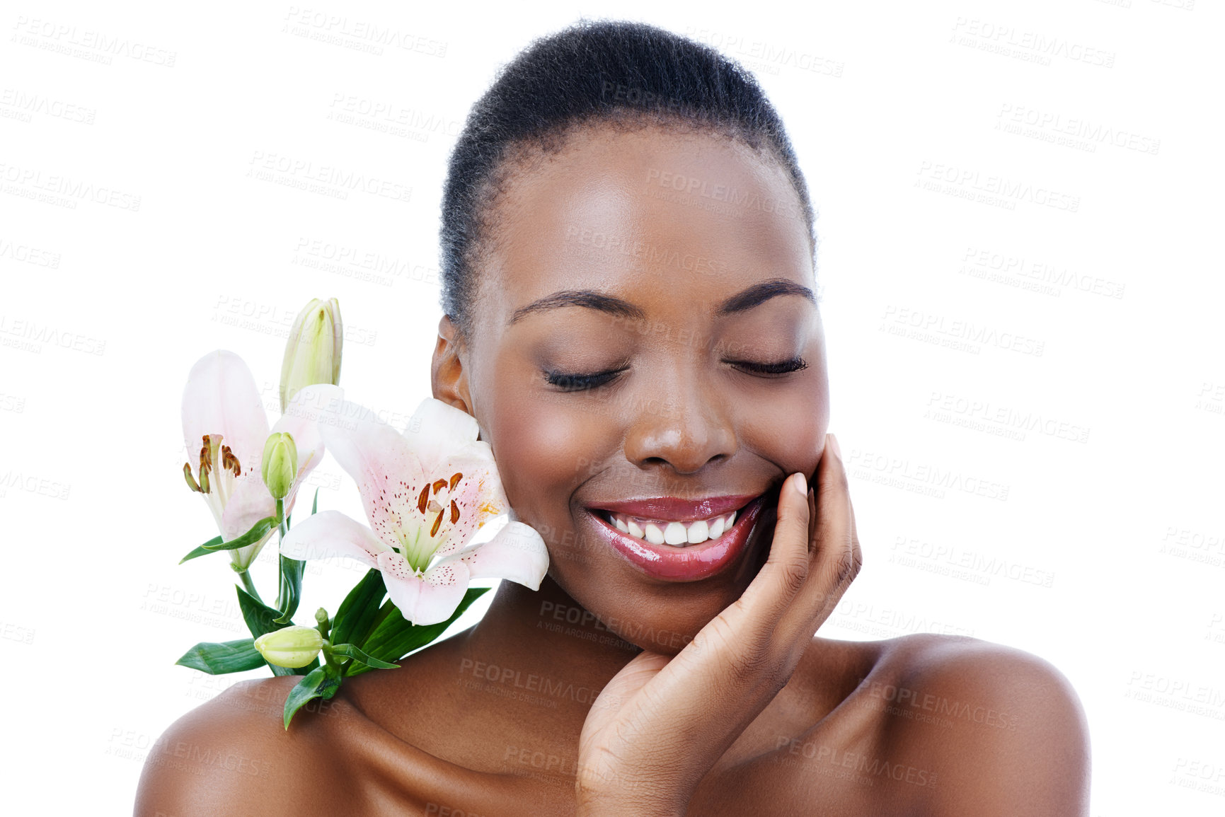 Buy stock photo Eyes closed, flower and black woman with beauty, plants or grooming isolated on white studio background. African person, girl or model with natural cosmetics or aesthetic with shine, skincare or glow