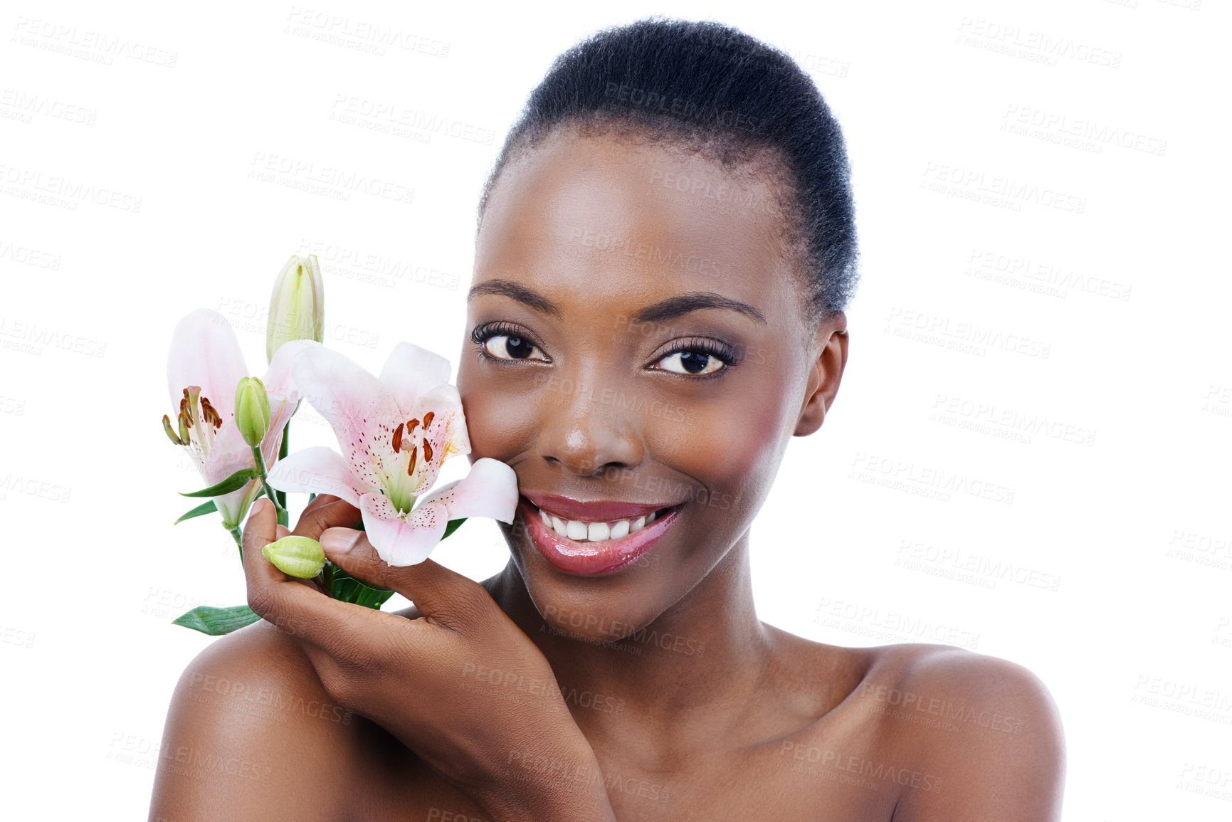 Buy stock photo Black woman, flower and portrait with natural beauty, dermatology and skincare for glow and wellness on white background. Nature, skin and sustainable cosmetics, face with shine and orchid in studio