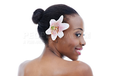 Buy stock photo Black woman, skin and flower for natural beauty, wellness and dermatology with nature on white background. Orchid, eco friendly cosmetics and body care with profile and clean skincare in studio