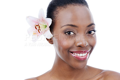 Buy stock photo Black woman, face and flower for natural beauty, wellness and dermatology with nature on white background. Orchid, eco friendly cosmetics and body care with portrait and clean skincare in studio