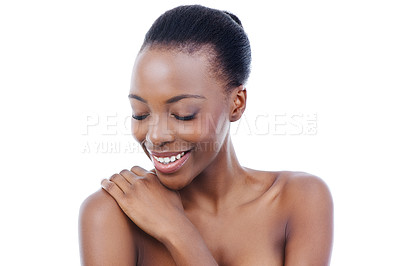 Buy stock photo Smile, skin and black woman, natural beauty and cosmetics with wellness isolated on white background. Dermatology, facial and clean makeup with skincare, smooth and body care with shine in studio
