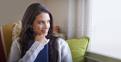 Buy stock photo Woman, thinking and book in lounge, future or daydream for inspiration and knowledge in apartment. Calm, thoughtful and insight, mindfulness and story ideas or memory at home, literature and learning