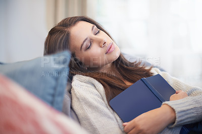 Buy stock photo Woman, book and literature for sleeping or resting, home and fiction novel for knowledge. Female person, student and information for learning, dreaming and fatigue from studying on weekend in house