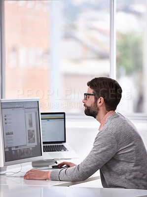 Buy stock photo Screen, business and man with a computer, typing and research with financial news and economy. Accountant, person or employee with a pc and trading with broker and blog with information or technology