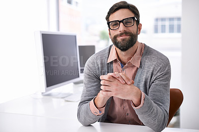 Buy stock photo Portrait, office and business with man, computer and creative director for a magazine or journalist. Face, person or employee with a pc or glasses with editor or copywriter with confidence or startup