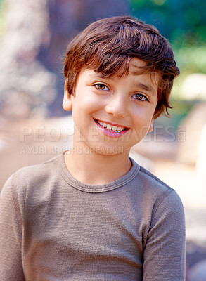 Buy stock photo Boy, child and portrait for relaxing outside, smile and happy on outdoor adventure in nature. Male person, face and cheerful on vacation or holiday in woods, forest and traveling or joy in Italy