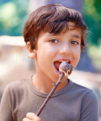 Buy stock photo Child, camping and eating a marshmallow in portrait, hungry and fire roast candy in forest. American boy, summer break and smile on face for sugar snack, chocolate and nature on holiday adventure