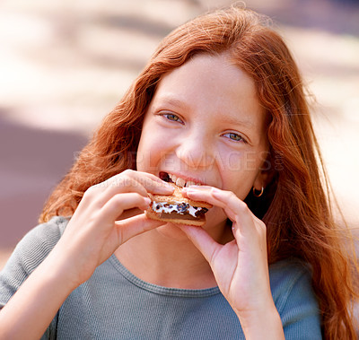 Buy stock photo Child, eating and portrait with smores outdoor, camping and relax at barbecue with dessert or cookie. Happy, girl and hungry for biscuit with marshmallow in woods or forest on holiday or vacation