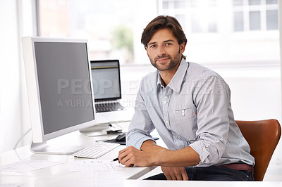 Buy stock photo Happy, pride and portrait of businessman in office for legal corporate research on computer. Smile, confident and professional male attorney working on law case by desk with technology in workplace.