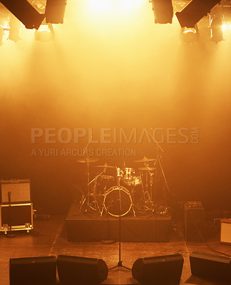 Buy stock photo Concert, band and drums at stage for performance with instruments for live sound or gig. Music festival show, ready or background with lights or speakers in an empty theater at night for a rock event