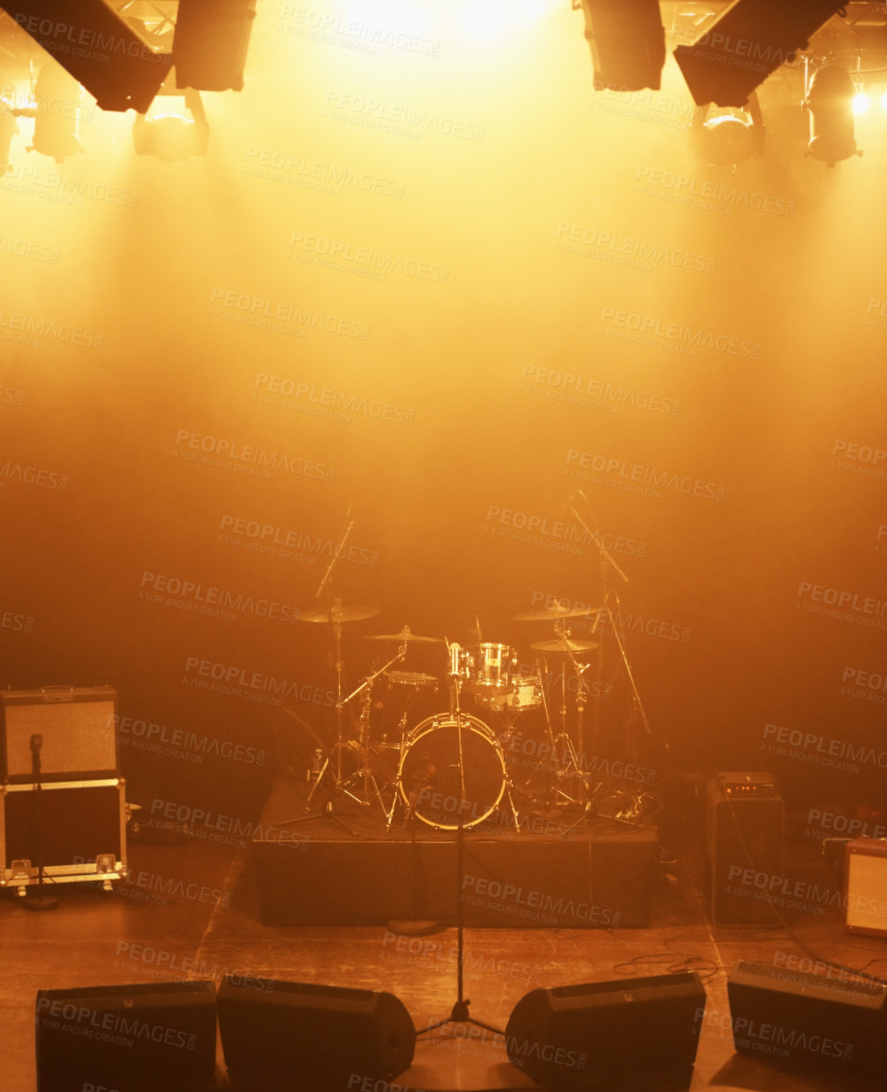 Buy stock photo Concert, band and drums at stage for performance with instruments for live sound or gig. Music festival show, ready or background with lights or speakers in an empty theater at night for a rock event