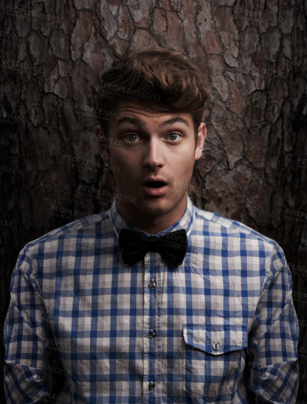 Buy stock photo Fashion, surprise and portrait of man in nature for news, hipster and trendy style Shocked, wow and announcement with face of young person in outdoor for notification, alert and facial expression