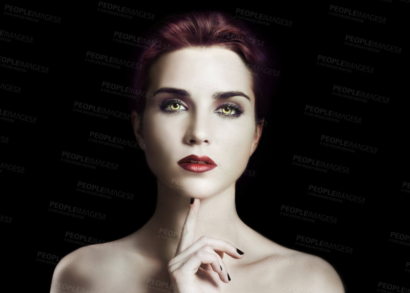 Buy stock photo Vampire, woman and gothic makeup in studio for beauty, cosmetics and dark aesthetic with thinking or scary face. Portrait of villain character, fantasy cosplay and contact lens on a black background