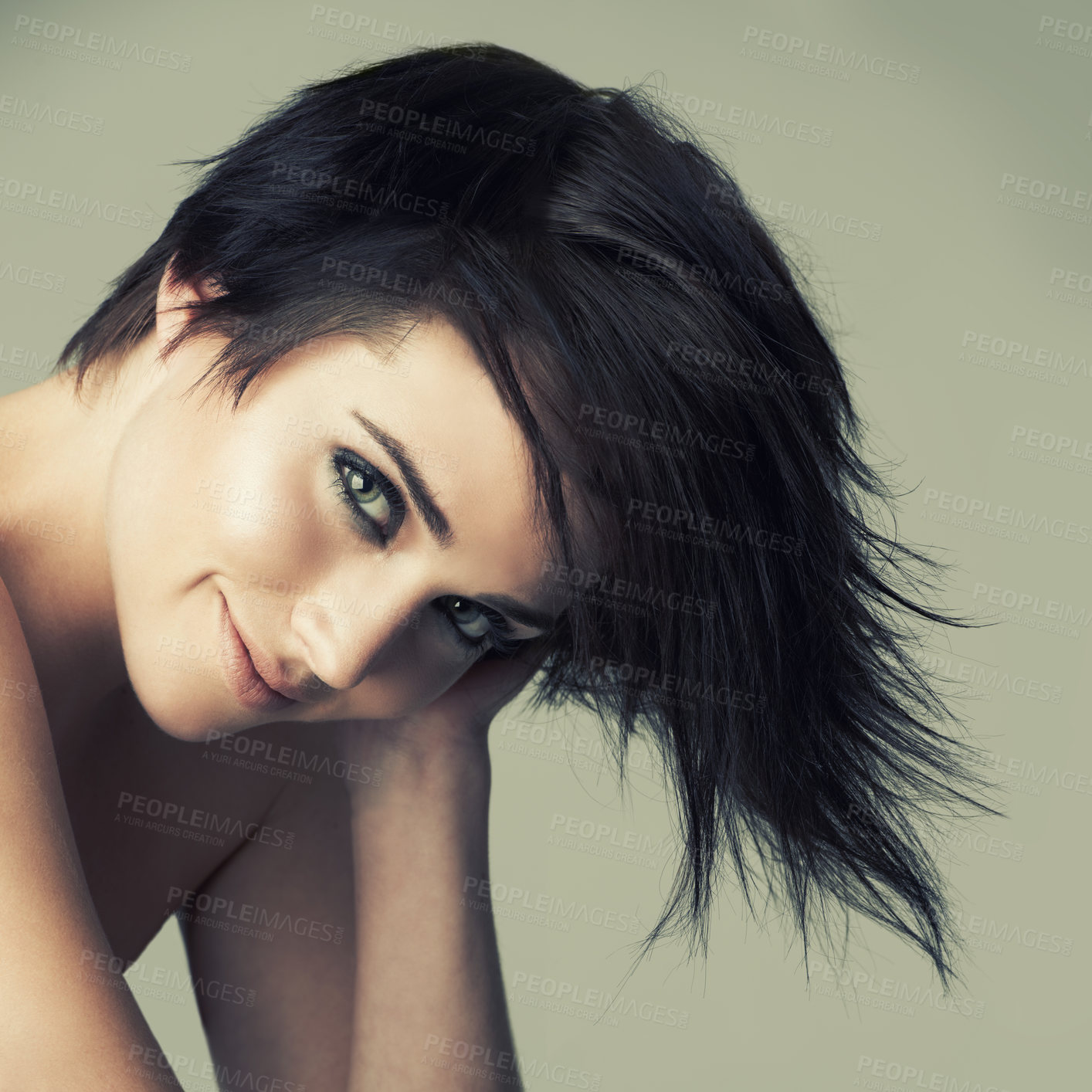 Buy stock photo Hair, portrait and woman in studio with shampoo, treatment or haircut results on wall background. Haircare, face and emo female model smile for dye, color or cosmetics, punk  rocker or goth aesthetic