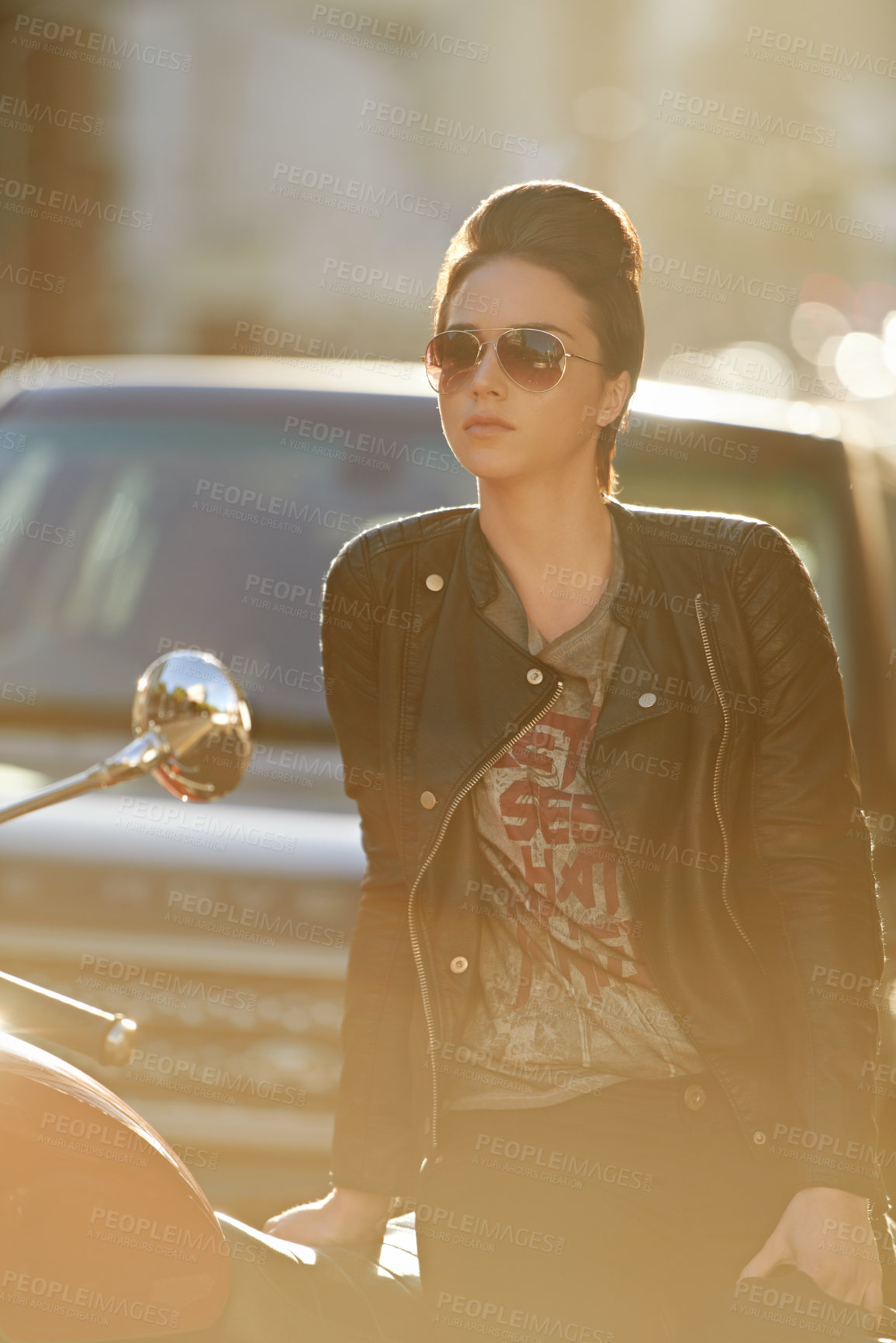 Buy stock photo Fashion, woman and motorbike for a city ride on a cool vacation in the Czech Republic. Break, relax and motorcycle with a female person with edgy style and attitude on an urban holiday in Prague