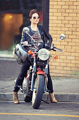 Buy stock photo Motorcycle, leather and woman on street with sunglasses for travel, transport or road trip as rebel. Fashion, city and model with attitude on classic or vintage bike for transportation or journey