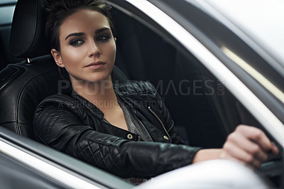 Buy stock photo Woman, car and thinking while driving for a roadtrip adventure in a luxury vehicle. Female person, vision and steering wheel of a transportation motor for trip with confidence to travel destination