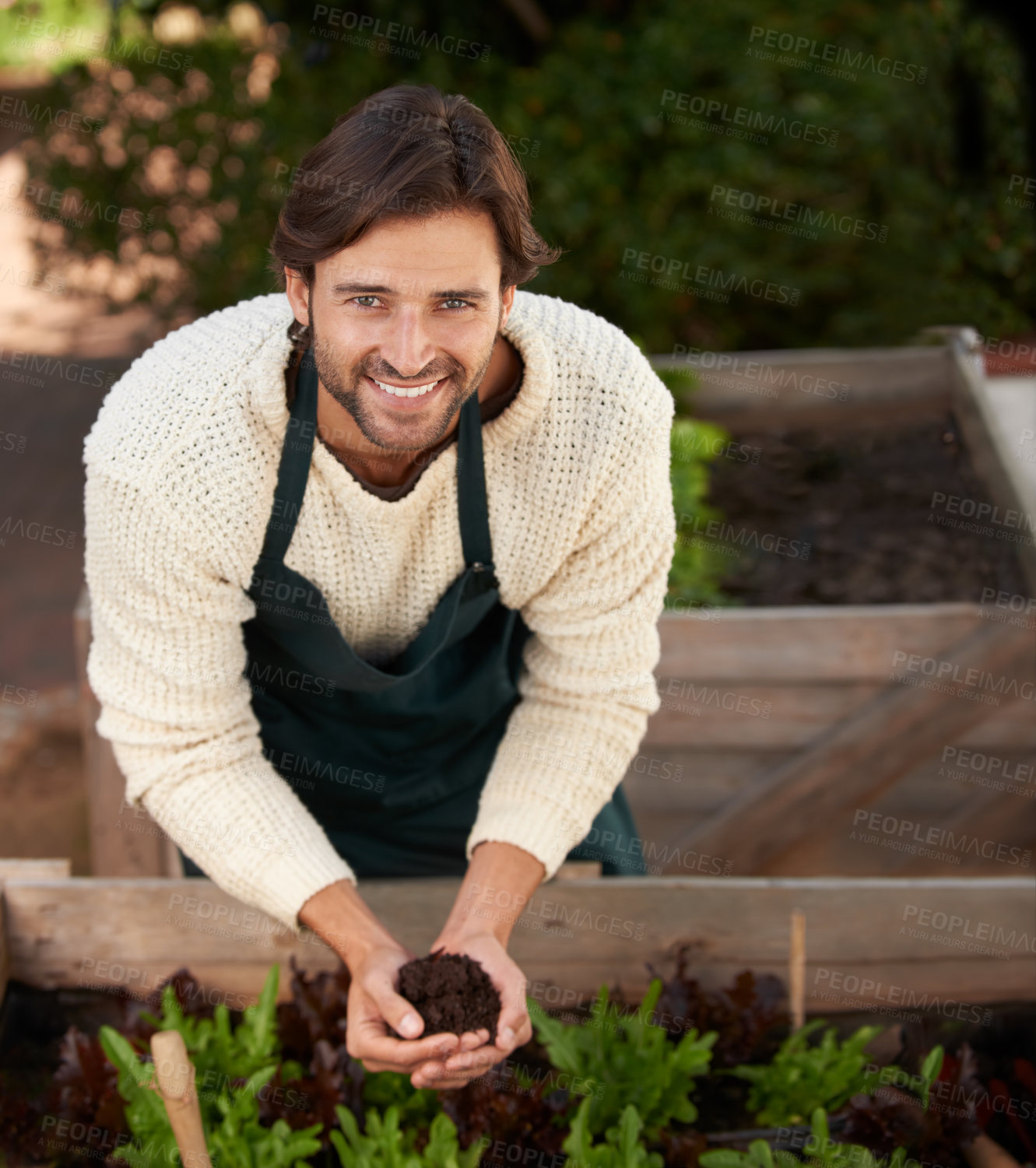 Buy stock photo Portrait, farmer and man with soil for agriculture, smile and ecology for sustainability of nature. Face, gardener and happy person with fertilizer, earth and dirt for growth of plants in environment