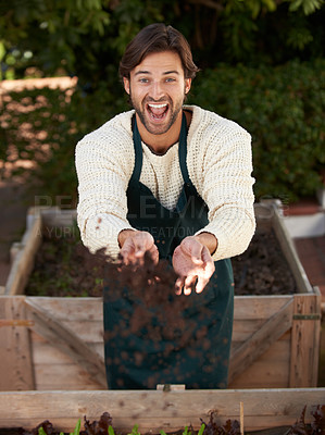 Buy stock photo Farmer, man and throw soil for agriculture, funny and laughing for sustainability of nature. Portrait, gardener and happy person with fertilizer, earth and dirt for ecology of plants in environment