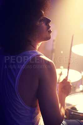 Buy stock photo Musician, drummer and music performance at concert, music festival in Los Angeles with band on stage, music and entertainment. Artist, rock or jazz with man playing drums, music concert with talent.
