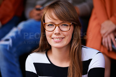 Buy stock photo Smile, portrait and student at a party, college social and education event to celebrate with happiness. Studying, happy glasses and face of a woman at university concert with a scholarship to study