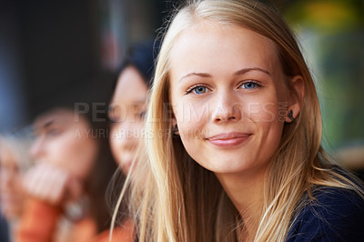 Buy stock photo Teen girl, face and happy smile outdoor, beauty and positive mindset, elegant and portrait with confidence. Gen z, young woman or beautiful teenager at outside event with happiness, blonde or smiling