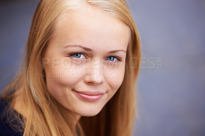 Buy stock photo Smile portrait and happy girl face from Ireland with teen feeling relax and calm. Young teenager alone with youth skin glow and natural beauty smiling with healthy blond hair and isolated
