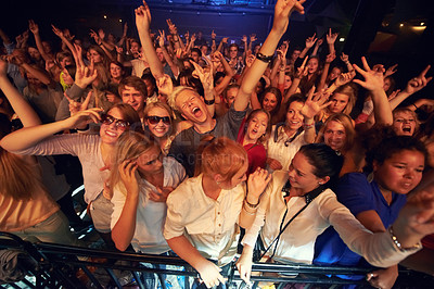 Buy stock photo Party, crowd and music with friends at a concert enjoying a new year celebration or event together from above. Disco, dance and audience with a man and woman friend group dancing in a nightclub