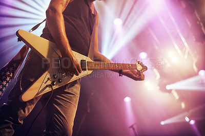 Buy stock photo Guitar, man and performance for concert, rock or singing at party, event or celebration in night. Male musician, artist or rockstar with instrument at music festival for art, sound or talent on stage