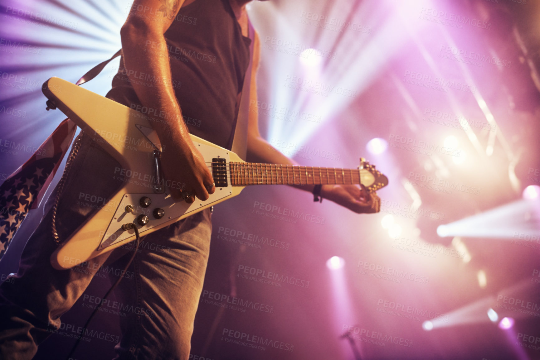 Buy stock photo Guitar, man and performance for concert, rock or singing at party, event or celebration in night. Male musician, artist or rockstar with instrument at music festival for art, sound or talent on stage