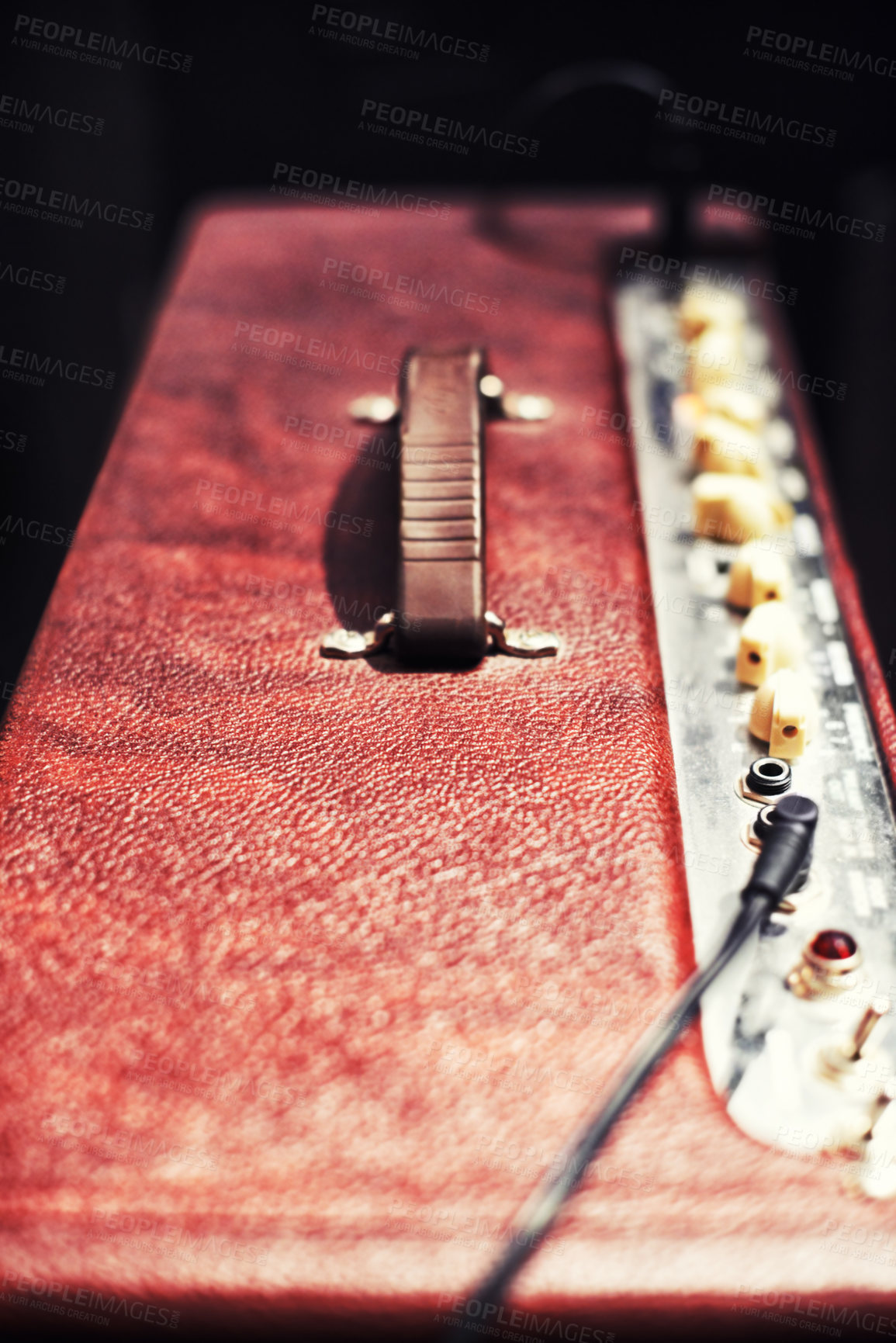 Buy stock photo Closeup, amp and stage with cable for audio, sound and check with song to set up, connect and entertainment for audience with beat. Volume, live and concert for music with electric instrument.