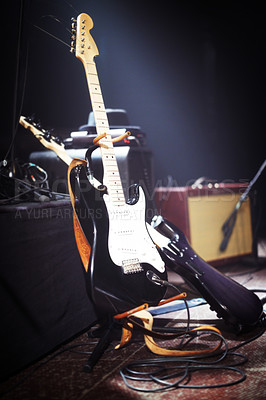 Buy stock photo Electric guitars set up on a stage