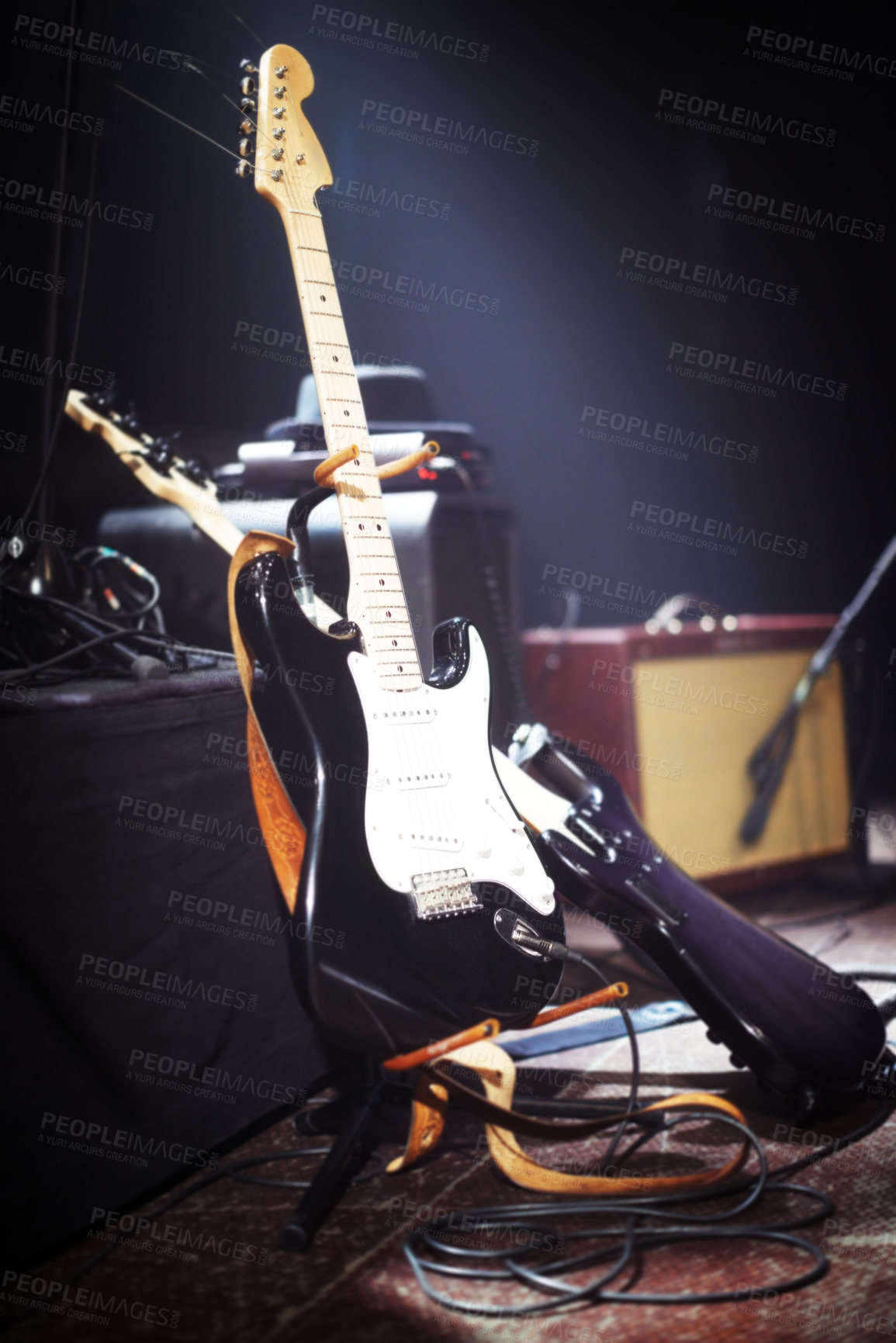 Buy stock photo Electric guitars set up on a stage