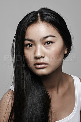 Buy stock photo Woman, portrait and cosmetic beauty in studio for make up confidence for Japanese, mockup space or white background. Asian person, model and wellness self care for dermatology, skincare or treatment