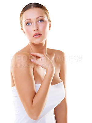 Buy stock photo Studio, portrait and woman with skincare and beauty on a white background for health and wellness. Body care, cosmetic dermatology and serious woman from the Netherlands with confidence for skin
