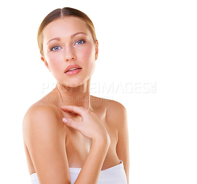 Buy stock photo White background, skincare and portrait of woman for beauty, wellness and facial treatment. Salon aesthetic, spa and isolated person with hands for natural glow, healthy skin and cosmetics in studio