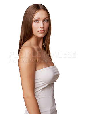 Buy stock photo Waist up studio portrait of a young model isolated on white
