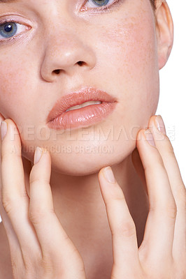 Buy stock photo Closeup, skincare and woman in studio with face, hands and white background with natural for beauty, glow and healthy skin. Confident, self care and treatment for smooth, pure and perfect texture  